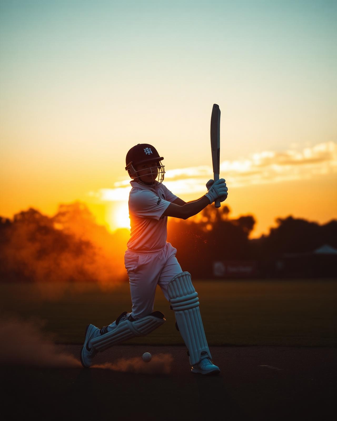 Young cricket player in action at golden hour